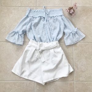 off-shoulder smocked blouse